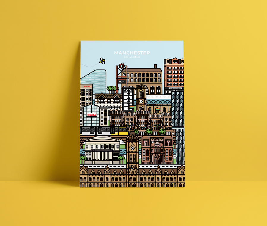 This Manchester illustrated poster is the perfect gift for anyone who loves the city! The vibrant illustration includes landmarks from Manchester and is a perfect addition to any home or workspace.