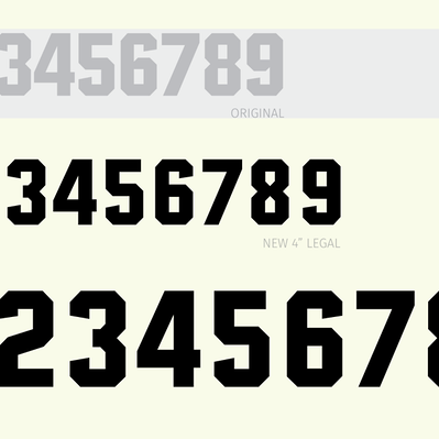 Type specimen of Nike’s Ithaca numerals, showing the original design and the heavier weight redesign. 