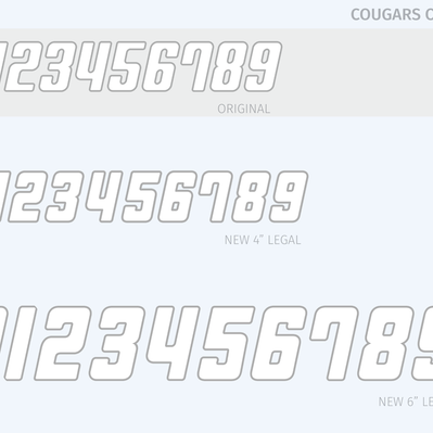 Type specimen of Nike’s Cougars outline numerals, showing the original design and the heavier weight redesign. 