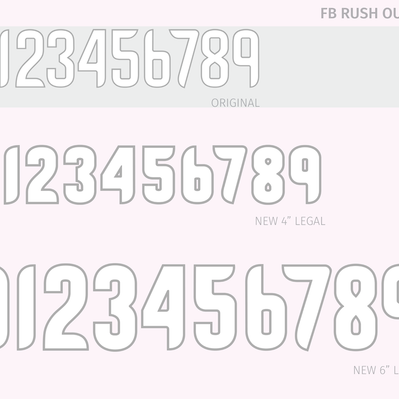 Type specimen of Nike’s FB Rush outline numerals, showing the original design and the heavier weight redesign. 