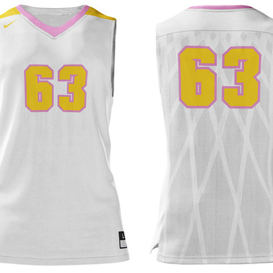 White sleeveless sports jersey bearing the number 63 in Nike's Michigan font numerals.