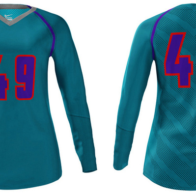 Turquoise long sleeve sports jersey bearing the number 49 in Nike's Bureau font numerals.
