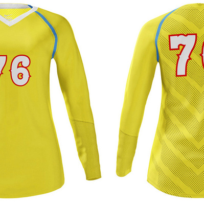 Yellow volleyball jersey bearing the number 76 in Nike's Kansas font numerals.