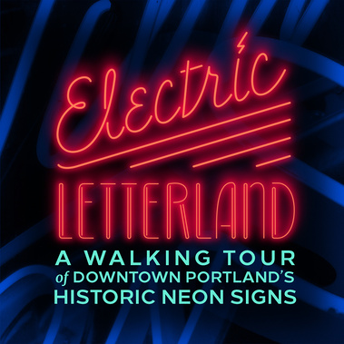 Electric Letterland logo in glowing red, a promo image for the neon walking tours in downtown Portland, Oregon.