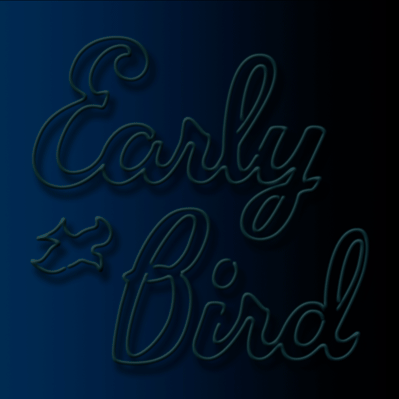 Animated neon lettering in blue double stroke script that says “Early Bird” with a bird in flight.