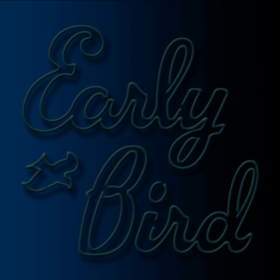 Animated neon lettering in blue double stroke script that says “Early Bird” with a bird in flight.