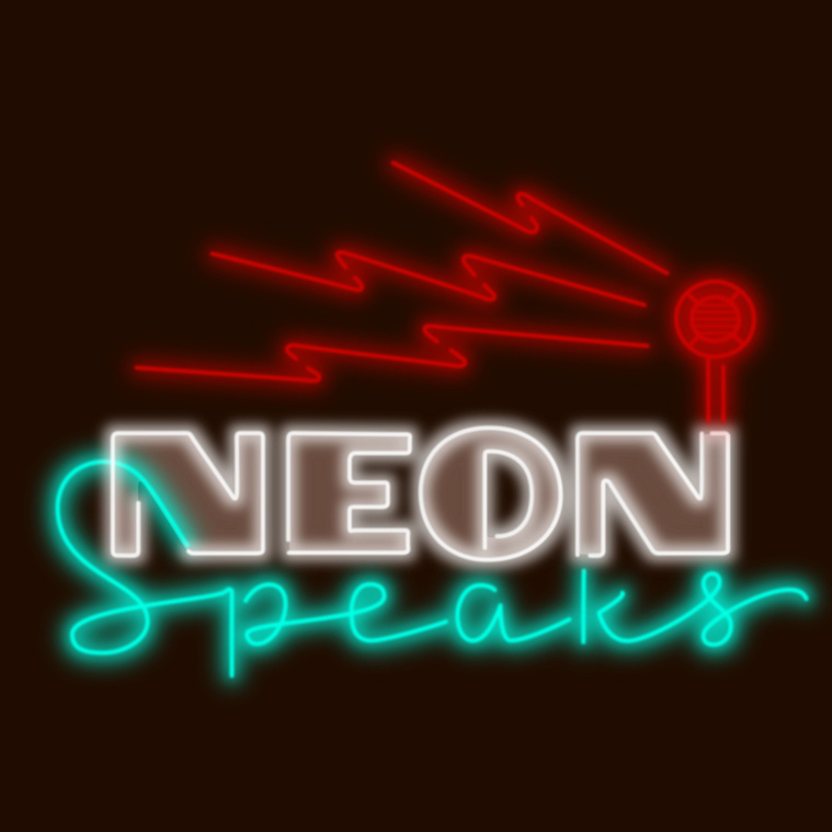 Logo for the Neon Speaks festival and symposium, with a mix of art deco capital letters, an neon tube style upright script, with a round vintage style speaker and lightning bolt shaped neon sound waves emitting from the speaker.