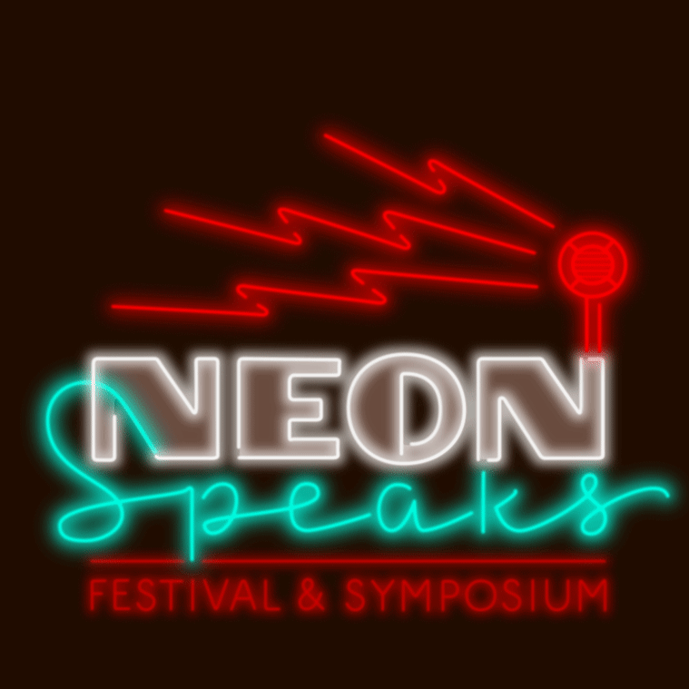 Animated logo for the Neon Speaks festival and symposium, with a mix of art deco capital letters, an neon tube style upright script, with a round vintage style speaker and lightning bolt shaped neon sound waves emitting from the speaker.