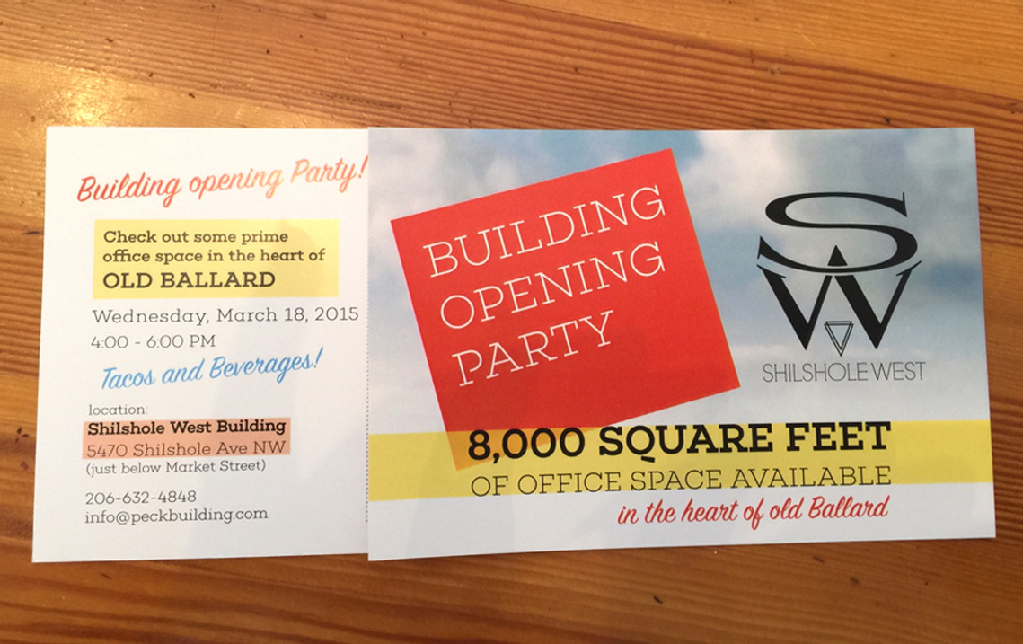 Building opening party announcement postcard for Shilshole West in Ballard, Seattle.
