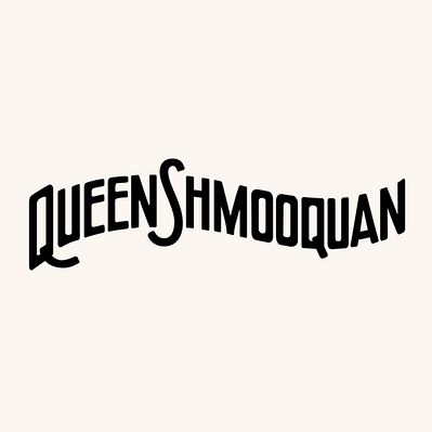 Black and white "Queen Shmooquan" hand lettering design with in black condensed capital letters on a wavy baseline.