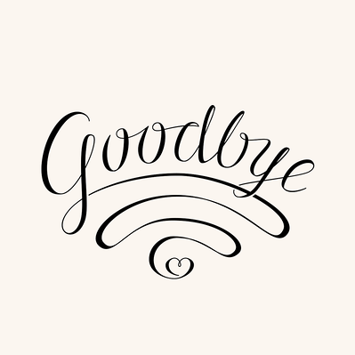 The word “Goodbye” elegently lettered in black and white on an arced baseline, with several underline strokes of diminishing lengths, ending in the shape of a small heart.