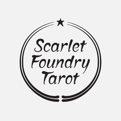 Scarlet Foundry Tarot logo, with the custom lettered words in a centered stack, enclosed in a double-stroked circle with a star at the top.