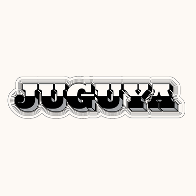 Black and white hand drawn lettering of the word "Juguya" in black and white capital letters with shadow and diminishing outlines.