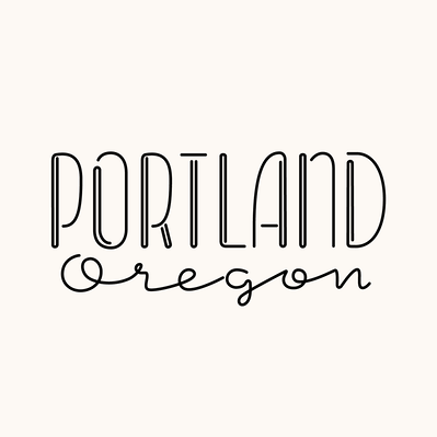 Black and white hand drawn lettering of the phrase "Portland Oregon" in black and white neon tube script.