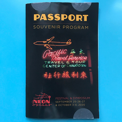 Cover of the Neon Speaks "Passport" Souvenir Program, which uses Zaborsky as a headline font.