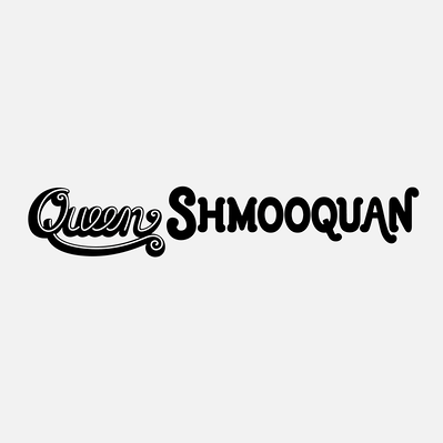 Black and white "Queen Shmooquan" logo.