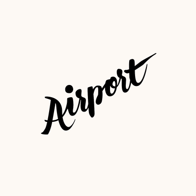 Black and white hand drawn lettering of the word "Airport" in black and white brush script.