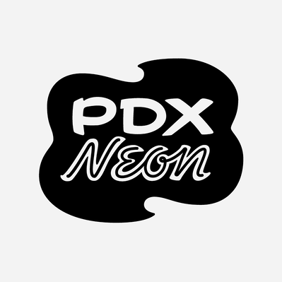 The PDX Neon logo, drawn in the style of a vintage neon motel sign, with a custom lettered mix of owboy capitals and an optimistic 1950s script, placed within a cloud or fried-egg shape.