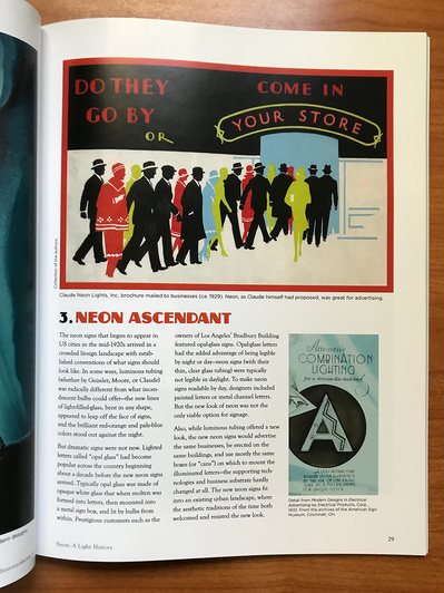 Interior page from “Neon: A Light History” featuring an illustration from a vintage Claude Neon brochure, and with headline text using the Zaborsky typeface.