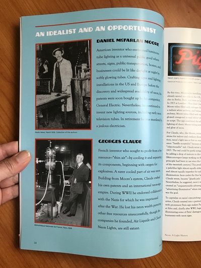 Interior page from “Neon: A Light History” featuring a vintage black and white photos of Daniel McFarlan Moore and Georges Claude, and with headline text using the Zaborsky typeface.