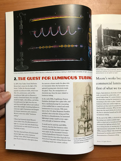 Interior pages from “Neon: A Light History” featuring a diagram of the science of neon, and with headline text using the Zaborsky typeface.