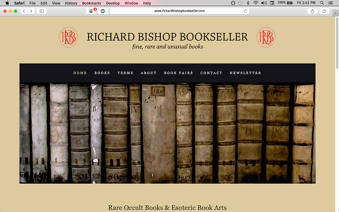 Website homepage for Richard Bishop bookseller, featuring the monogram logo design of 