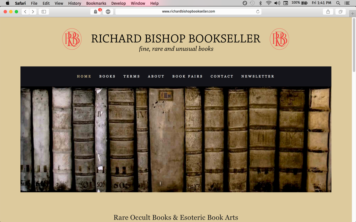 Website homepage for Richard Bishop bookseller, featuring the monogram logo design of 