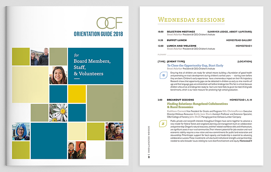 Cover design and interior page layout from Oregon Community Foundation's orientation guide.