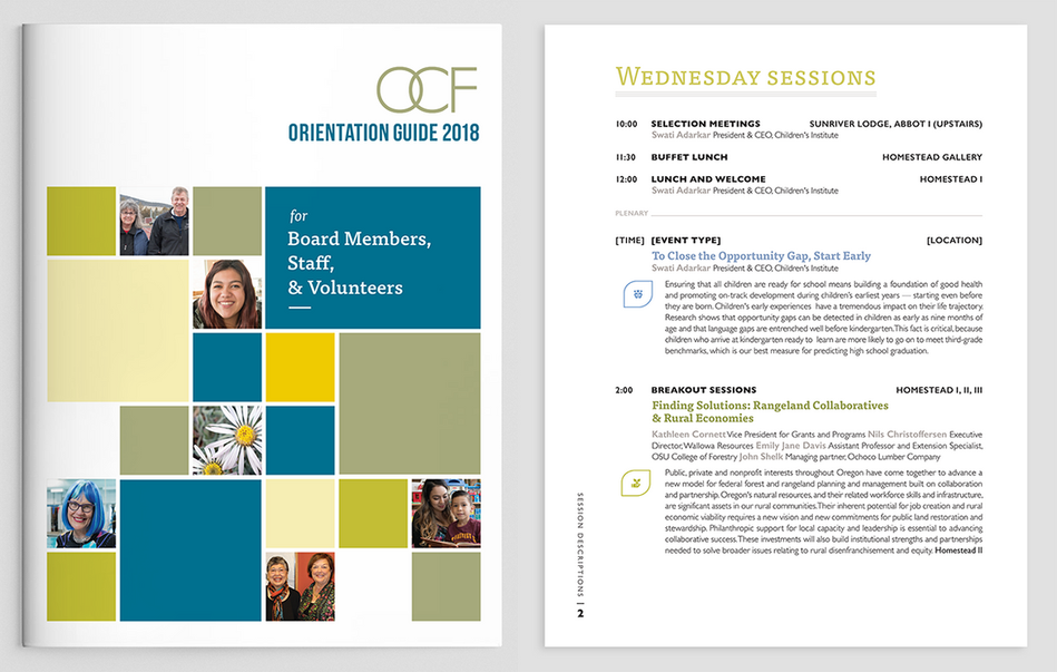 Cover design and interior page layout from Oregon Community Foundation's orientation guide.