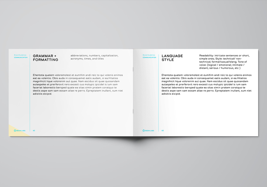 Interior spread of the Begin Labs brand identity guidelines booklet.