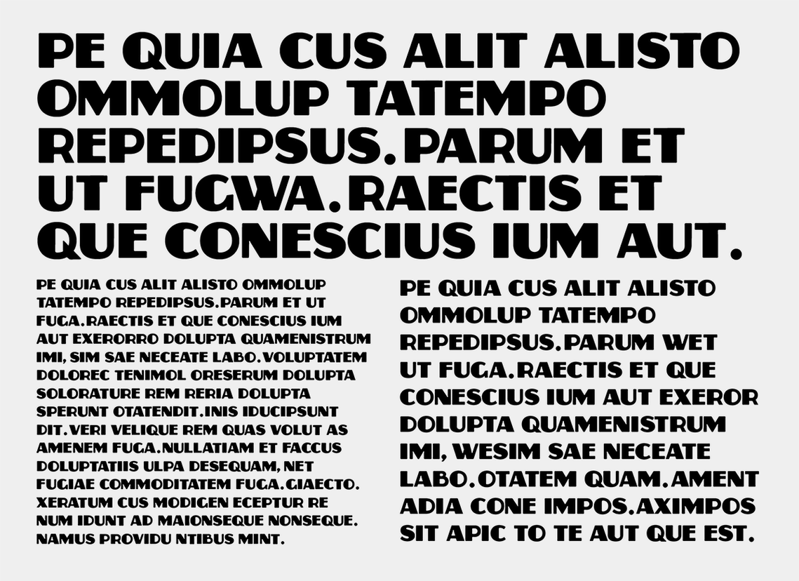 Type specimen for Zaborsky, a sign painter's art deco style typeface, using latin sentences in 3 paragraphs of varying font sizes.