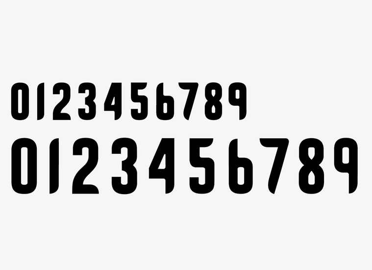 Numerals-only type specimen for FB Rush, a typeface for sports jerseys.