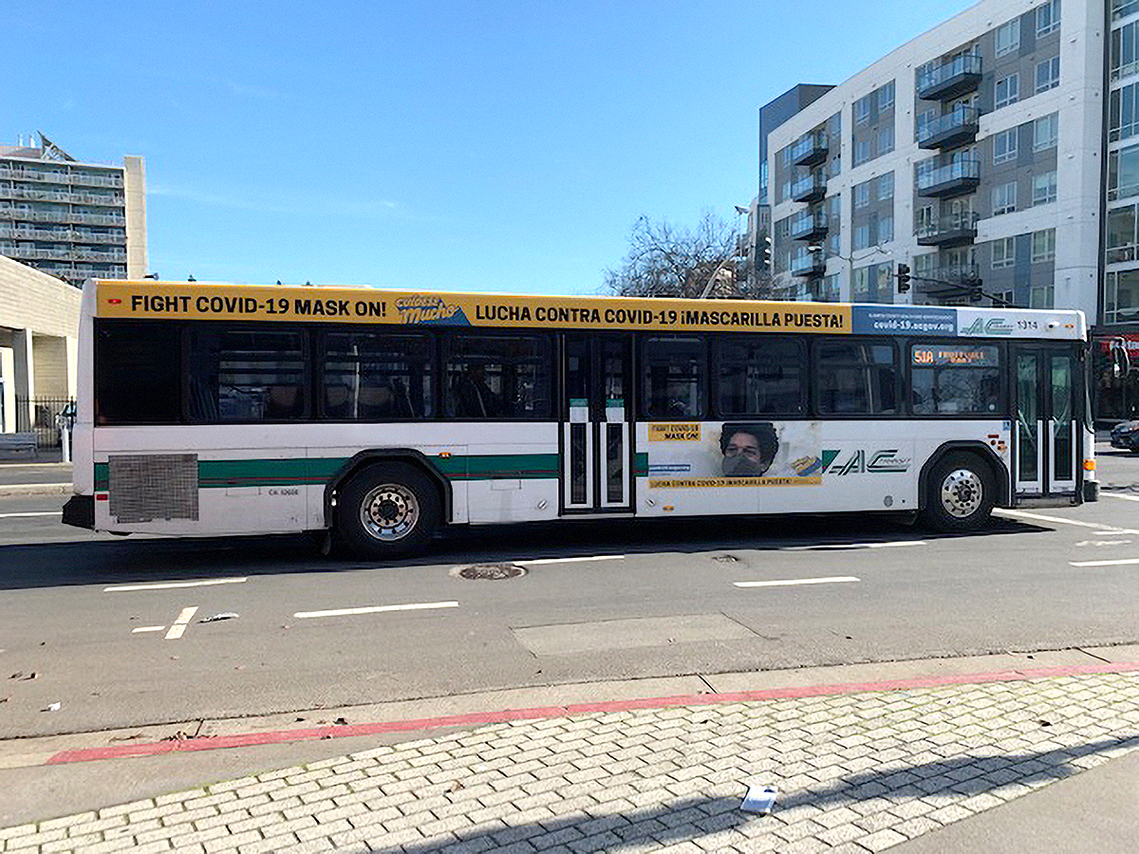 Transit bus with wrapped message for the 