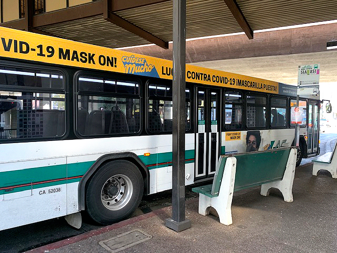 Transit bus with wrapped message for the 