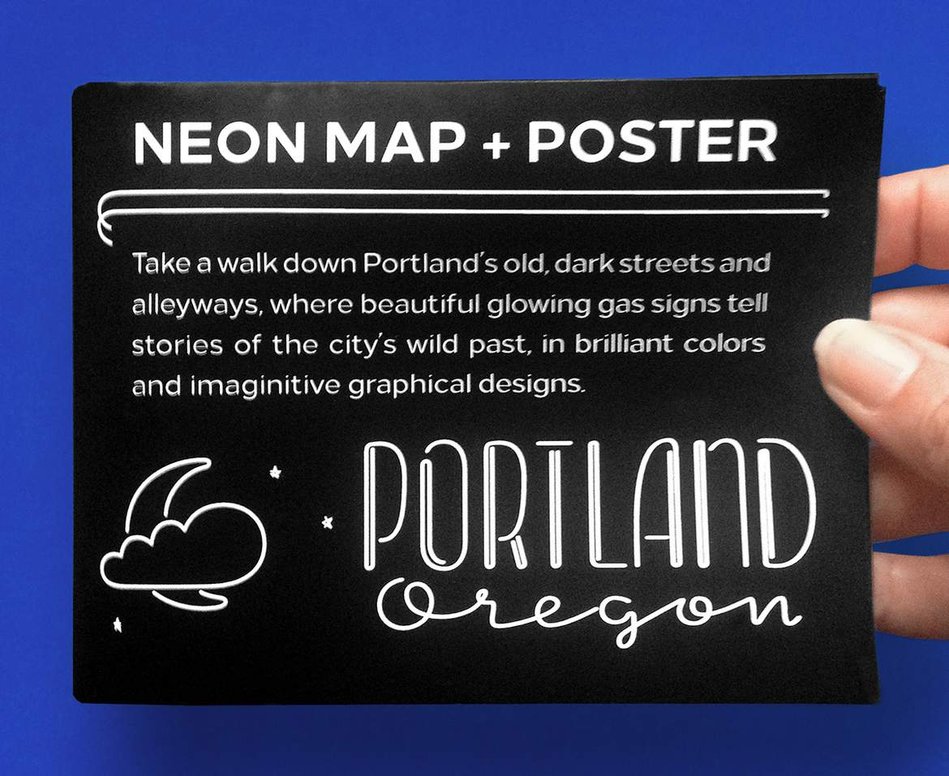 A folded map and poster of Portland Oregon's best neon signs, with white lettering on a black background, and a moon, cloud, and stars motif.
