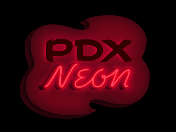The lit version of the PDX Neon logo, drawn in the style of a vintage neon motel sign, with a custom lettered mix of cowboy capitals and an optimistic 1950s script, placed within a cloud or fried-egg shape.
