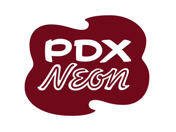 The PDX Neon logo, drawn in the style of a vintage neon motel sign, with a custom lettered mix of cowboy capitals and an optimistic 1950s script, placed within a cloud or fried-egg shape.
