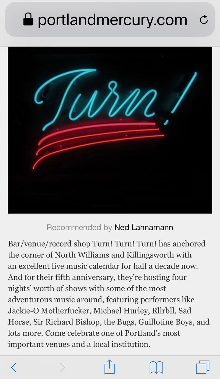 Phone screenshot of the Portland Mercury's description of the bar Turn! Turn! Turn! with a photo of the 