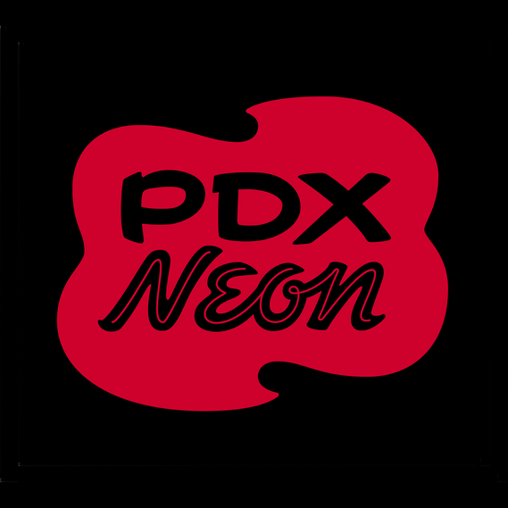 The PDX Neon logo, drawn in the style of a vintage neon motel sign, with a custom lettered mix of cowboy capitals and an optimistic 1950s script, placed within a cloud or fried-egg shape.
