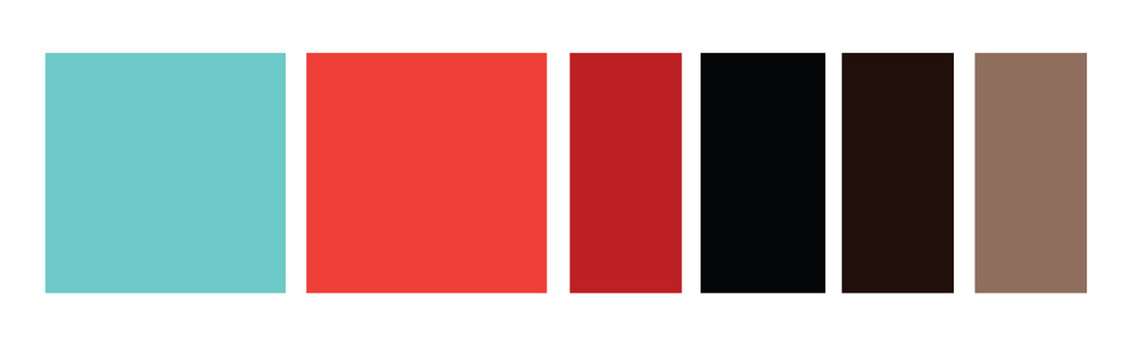 Six color samples of turquoise, orange red, red, black, dark brown, and medium brown.