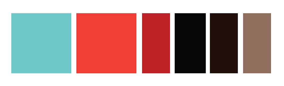Six color samples of turquoise, orange red, red, black, dark brown, and medium brown.