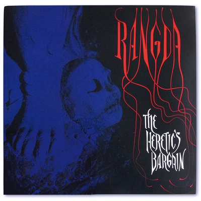 Album cover art for The Heretic's Bargain, featuring a purple blue skull statue and hand drawn lettering in the style of vintage weird horror novel cover art.