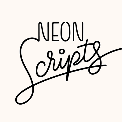 Black and white hand drawn lettering of the phrase "Neon Scripts" in black and white neon tube script.
