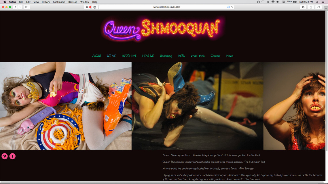 Queen Shmooquan's website homepage, featuring the animated neon of the name “Queen Shmooquan” in a purple, pink, and yellow mix of script and capitals.
