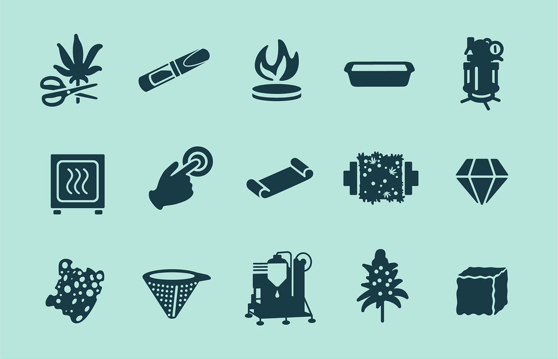 A collection of icons from the Luna Tech infographic, including a hand pushing a button, a flaming plate, cartridge, strainer, diamond, sugar cube, cannabis leaf, shatter, parchment, pyrex, and more.