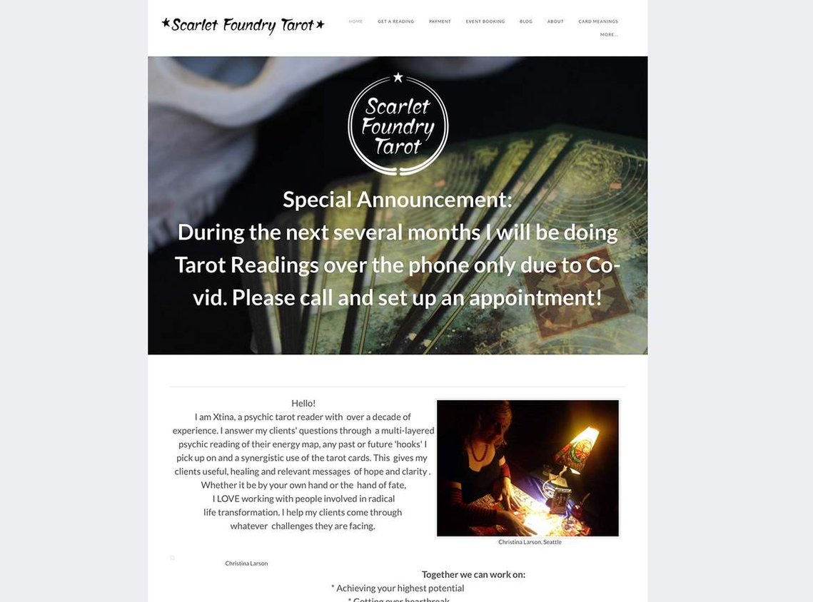 A mock up of Scarlet Foundry Tarot's website home page including her new logo and wordmark designs.