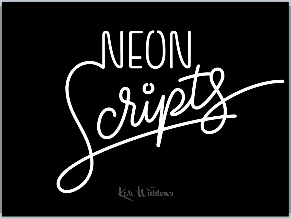 Title card for a keynote talk, with custom drawn lettering spelling out the word “Neon” in capital letters, with “Scripts” below in a dynamic cursive lettering reminiscent of neon tubing.