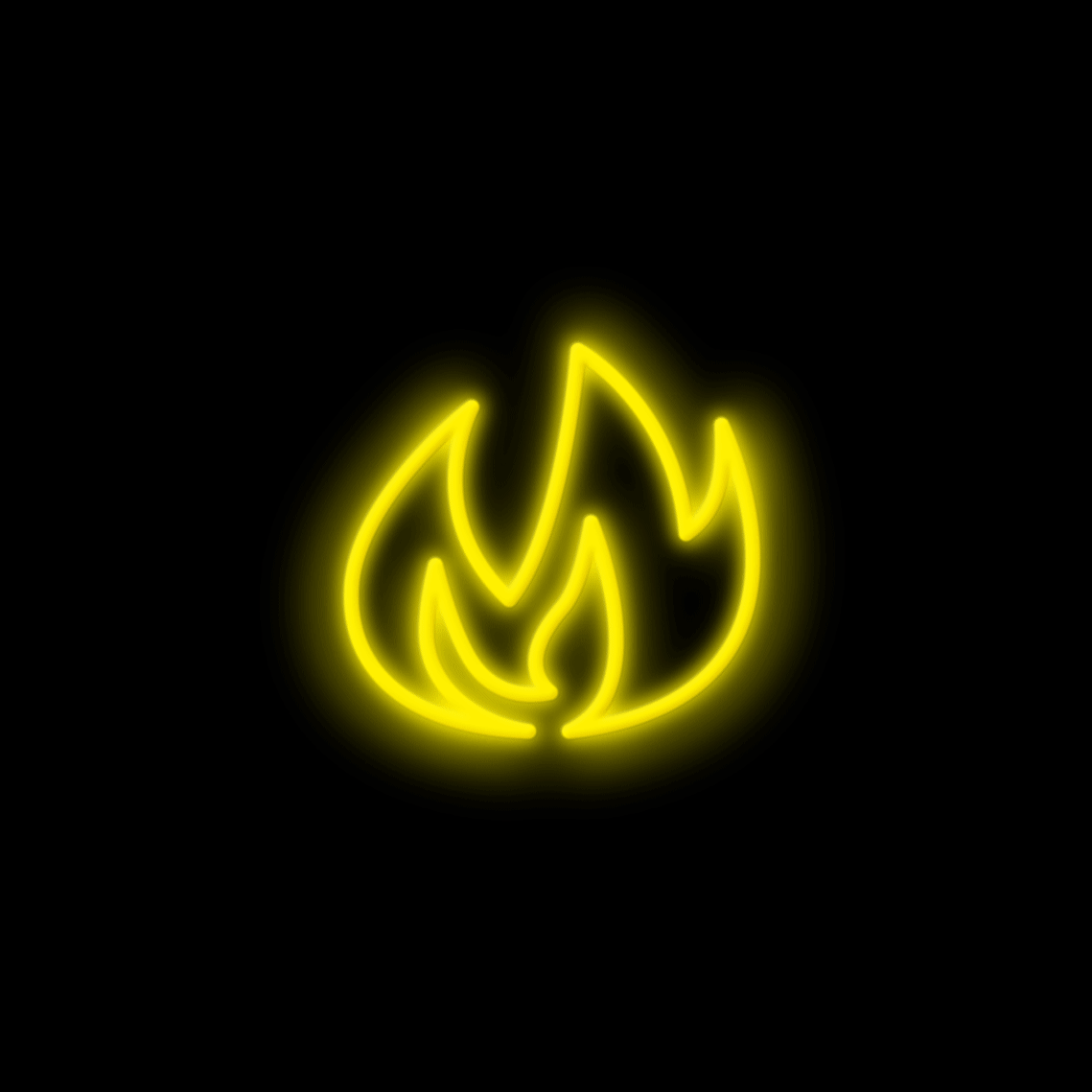Animated neon design of three illustrated symbols of heart, eye, and fire, flashing in succession.
