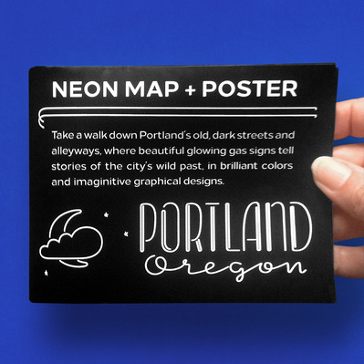 A folded map and poster of Portland Oregon's best neon signs, with white lettering on a black background, and a moon, cloud, and stars motif.