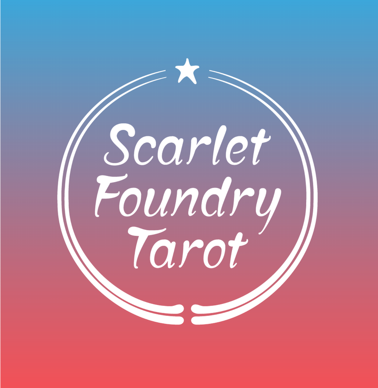 Scarlet Foundry Tarot logo in white, with the custom lettered words in a centered stack, enclosed in a double-stroked circle with a star at the top, on a vibrant sunset background in pink-orange and blue.